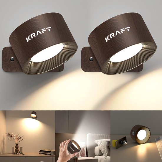 KRAFT Lampe murale rechargeable - Appliques murales d'intérieur - Couleur chêne - 2 pièces