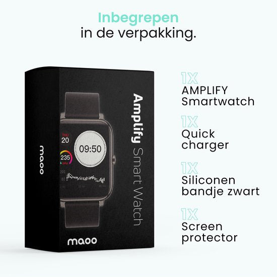 MAOO AMPLIFY Smartwatch - Protection d'écran incluse - Fréquence cardiaque, pression artérielle, saturation sanguine, sommeil, distance - Podomètre - Smartwatch homme - Smartwatch femme - Montre - Cadeau de Noël - Noir
