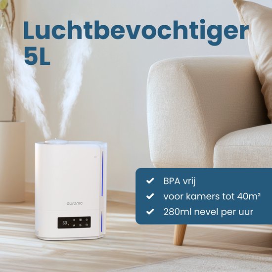 Humidificateur Auronic - 5 litres - Convient au salon, au bureau, à la chambre à coucher, à la chambre de bébé et plus encore - Sans BPA - Blanc