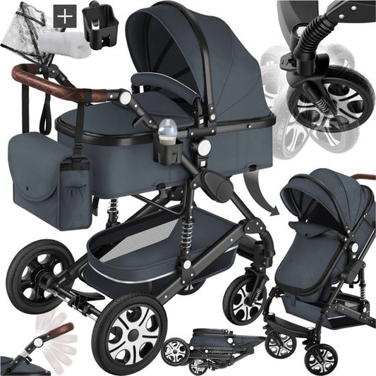 tectake® - Tapis de poussette multifonctionnel - Poussette 2 en 1 comprenant une chancelière, un habillage pluie, un porte-biberon et un panier de rangement - Poussette avec une capacité de charge de 15 kg - Pliable avec harnais 5 points - Anthracite