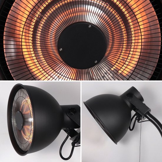 Perel Chauffe-terrasse sur pied, 2000 W, carbone, avec interrupteur à tirette, protection contre l'inclinaison, 3 niveaux de chaleur, réglable en hauteur, résistant aux éclaboussures, design rétro, métal, noir