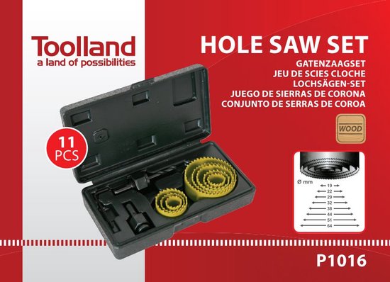 Jeu de scies cloches Toolland 11 pièces pour le bois, profondeur 25 mm, jaune-noir, y compris 8 tailles et accessoires