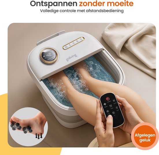 Goliving Bain de pieds automatique - 3x sels de bain inclus - Appareil de massage des pieds - Bain de pieds pliable avec massage - Chauffage jusqu'à 48°C- Télécommande - Blanc
