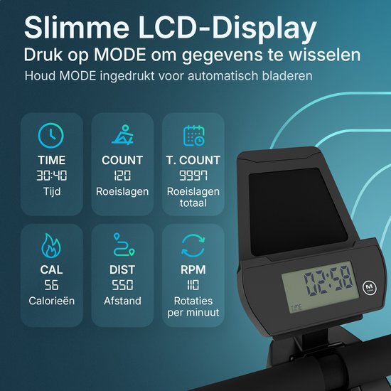 Rameur Flowsense - Rameur - Silencieux - Rameur magnétique - Rameur 16 niveaux de résistance - Moniteur LCD