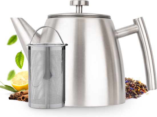 Vaja® Théière Camille Silver - Double paroi - 1 litre - Théière en acier inoxydable avec filtre et chauffe-plat
