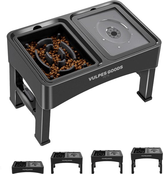 Vulpes Goods® Pets - Bol à nourriture pour chien avec support - Bol à boire pour chien anti-éclaboussures - Bol anti-mâchouillement pour chien - Bol à nourriture surélevé - 4 hauteurs - Mangeur lent - Double - Noir