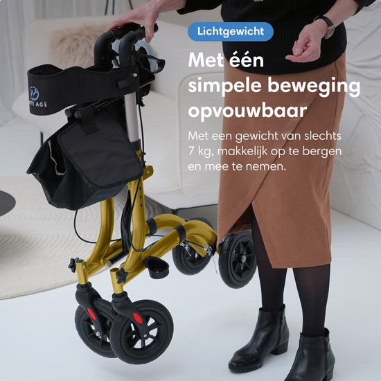 Safe Life® Rollator léger et pliable - fonction assise - intérieur et extérieur - dossier et support pour canne - Or