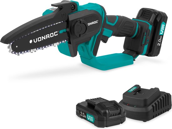 VONROC Mini tronçonneuse 20V - 152mm - Incluant 2x 2.0Ah batteries et chargeur rapide