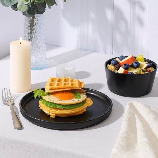 Luft Service de table 6 personnes - Service d'assiettes - Bols - Assiettes plates - Moderne - Faïence massive, céramique - Noir mat - 18 pièces