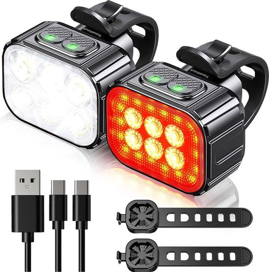 Travelhawk Bicycle Lights - Front Light / Rear Light - Bicycle Headlight - LED Bicycle Lights Red and White - Waterproof - USB-C Rechargeable