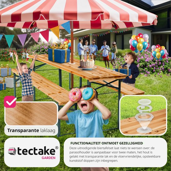 tectake® Ensemble de tentes à bière avec table et 2x bancs à bière, avec porte-parasol - ensemble de tentes à bière, meubles de balcon avec 1x table pliante et 2x bancs à bière, pliant, 170 x 46 x 78 cm, laqué
