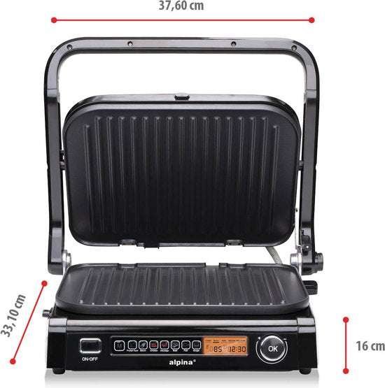 alpina Contact Grill 2100W - Appareil à sandwich avec 7 supports de gril - Gril de table avec plaques amovibles - Gril à panini 37,6 x 33,1 cm - Revêtement antiadhésif - acier inoxydable/Aluminium