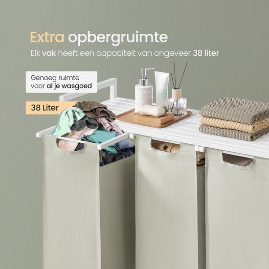 O'DADDY® Laundry Basket 3 Boxes - Trieur de linge extensible avec étagère - 114 Liter - 92,5 x 33 x 71 cm - Pieds réglables - Facile à assembler - Polyvalent et élégant en métal - Blanc