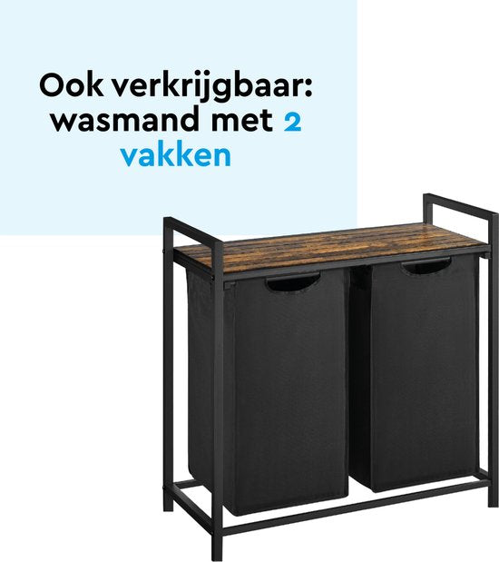 BRASQ Panier à linge 3 compartiments - Trieur de linge 114 litres - Extensible avec étagère 92,5x33x71 cm - Boite à linge Métal noir - Bois brun - Panier