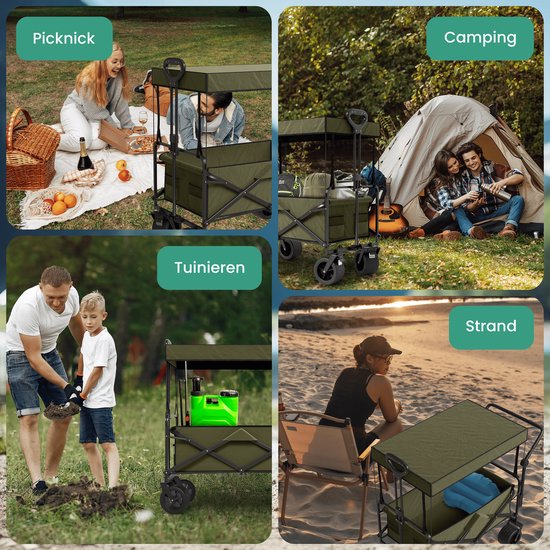 Avalo Bolderkar Avec Toit XL Pliable - Capacité de charge jusqu'à 110KG - 120L - 97x60x105 CM - Roues 360º - Bolderwagen / Bolderwagen / Chariot de plage / Chariot de randonnée / Bolderkar pliable - Pour la plage - Vert