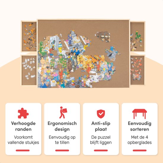 Diydash - Plateau de puzzle et table de puzzle - 1000 pièces - 83 x 64 cm - avec 4 tiroirs de tri et système de rangement - Plateau de puzzle - Bois - Marron