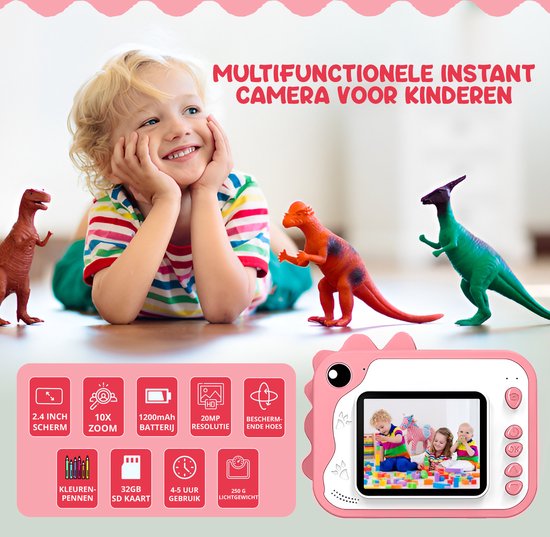K&L® 3 IN 1 Digital Kids Camera + Instant print + play camera - 32GB micro sd card - camera kids - Vlog camera with games - Photo camera for kids - Small size toy - With video function - Pink