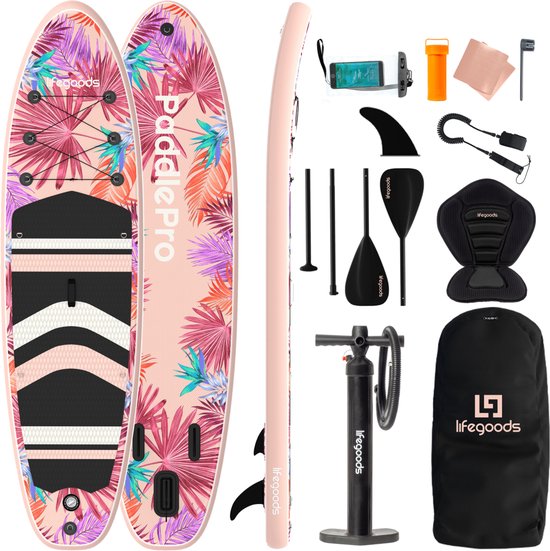 LifeGoods PaddlePro SUP Board - avec siège - Planche à pagaie gonflable - Ensemble complet - Max. 150KG - 320x81cm - Tropical Pink