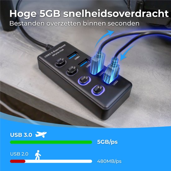 Nuvance - Hub USB 3.0 - 4 ports - Répartiteur - Hub/adaptateur USB C - Universel - Interrupteur marche/arrêt - Noir