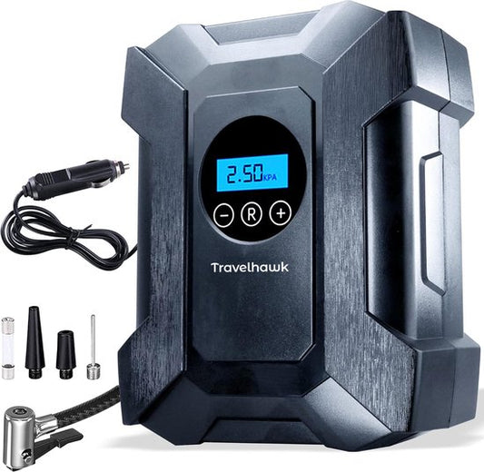 Travelhawk Compressor Tyre Pump - Electric Bicycle Pump - Air Compressor - Electric 12V - 30 L/Min - 100psi - Portable - for Car, Bicycle, Motorcycle