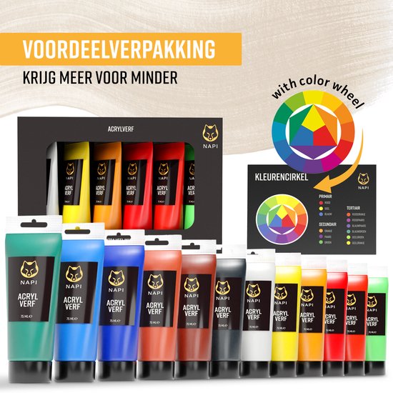 NAPI Peinture Acrylique 12x75 ML - Grandes Bouteilles - Cercle de couleurs inclus - Set Advantage - Peinture Hobby - Peinture Acrylique - 12 Couleurs