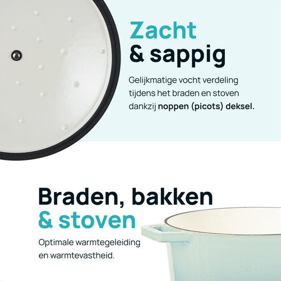 MOA Casserole en fonte - 5,7L - Pour toutes les sources de chaleur y compris l'induction - Avec couvercle - Ø 26cm - Revêtement antiadhésif - Bleu clair