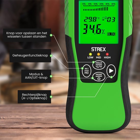 Strex Moisture Meter Digital - Pour le bois et les matériaux de construction (y compris la pierre, le plâtre et le béton) - Affichage LCD - Humidity Meter - Moisture Malls - Incl. Batteries & Storage Case