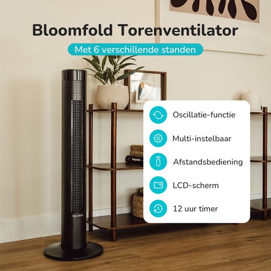 Ventilateur de tour Bloomfold - 38 pouces - Noir - Télécommande - Mode veille - Minuterie 12 heures - Affichage LED complet
