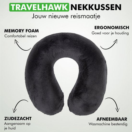 Oreiller de cou Travelhawk - Oreiller de voyage de luxe - mousse à mémoire de forme - Oreiller de cou Avion, Voiture, Bus, Train et Camping - Oreiller de cou - Noir
