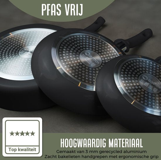 COOCK Batterie de cuisine à induction 19 pièces - Revêtement spécial antiadhésif - Poignées ergonomiques à froid - Aluminium recyclé - Ensemble de poêles à frire - Ensemble de casseroles - Noir - Sous-verres et livre électronique inclus