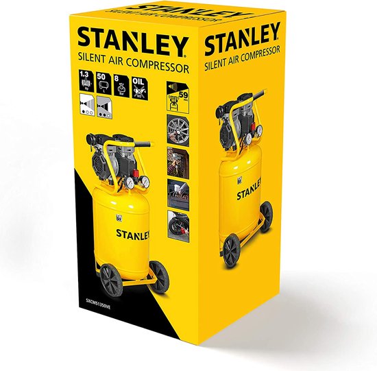 Stanley Compressor, compresseur d'air sans huile, compresseur silencieux, vertical, 1 hp, 8 bar, capacité du réservoir 50 L