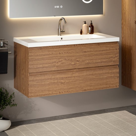 Mirlux Meuble de salle de bains Chêne chaud 100 cm - Lavabo Blanc - Ensemble de meubles de salle de bains - Meuble lavabo Chêne chaud