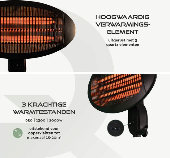 BRASQ Chauffe-terrasse électrique pendant PHW100 - Chauffe 2000W - 3 niveaux de chaleur - Intérieur et extérieur - Résistant aux éclaboussures - Noir