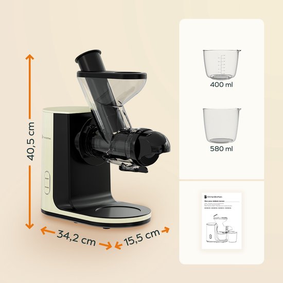 KitchenBrothers Slowjuicer - Presse-agrumes - Presse-légumes et fruits - alimentation 43 mm et 60 mm - 400 ml - Champagne