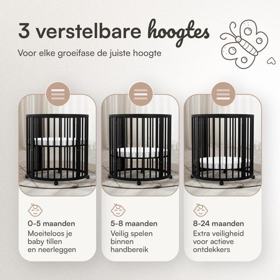 Flowsense Baby Box - Parc pour enfants rond - Parc pour enfants - Avec matelas - Hauteurs réglables - Roulettes - Noir