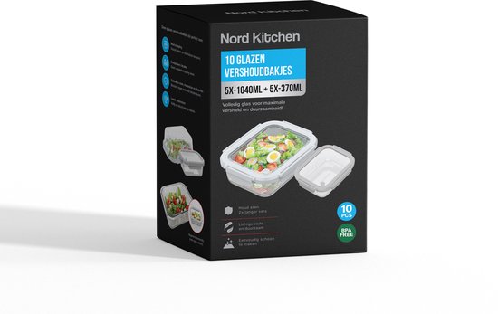 Nord Kitchen Preserving Trays Set - with Glass Steam Lid - Meal Prep Trays - Freezer Trays Full Glass - Airtight - 10 Pieces - 1040 ML + 370ML
