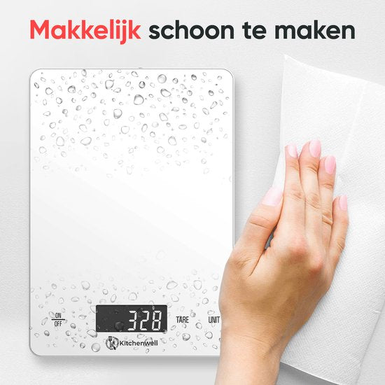Kitchenwell Balance de cuisine numérique de précision - Balance de cuisine - 1gr - 15kg - Fonction tare - Rechargeable par USB - Blanc