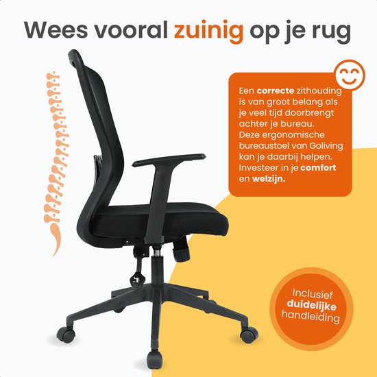 Goliving Ergonomic Office Chair - Chaise de bureau - réglable - sur roulettes - pour adultes - NEN-1335 - noir