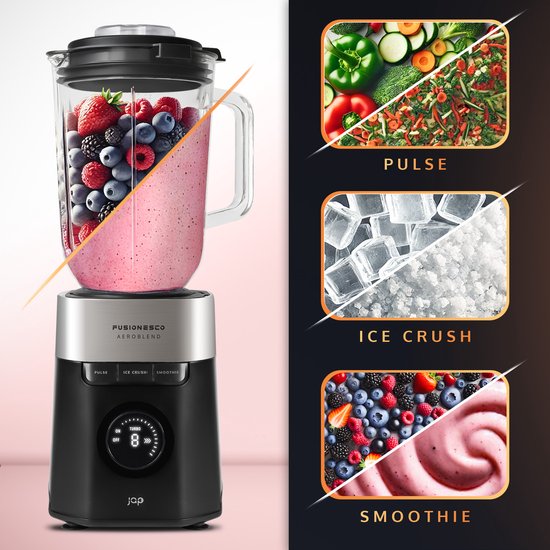 JAP Appliances AeroBlend - Mixeur puissant (1000W) avec 8 vitesses et 3 réglages - Grand pichet en verre de 1,5 litre - Bouchon doseur 20-40ml - Smoothie maker - Broyeur à glace - Noir