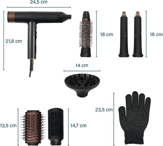 Princess Airstyler Pro 529205 - 7 en 1 - 2000 Watts - cordon de 1.8m - moteur BLDC - sac de rangement de luxe - gant de chaleur - multi styler - enveloppe de cheveux - lisseur de cheveux - sèche-cheveux - brosse chauffante - brosse Fohn - brosse à boucler