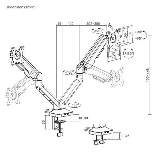 VDD Double Monitor Arm - Support de moniteur - Réglable en hauteur - Pour 2 écrans - Design ergonomique - Noir