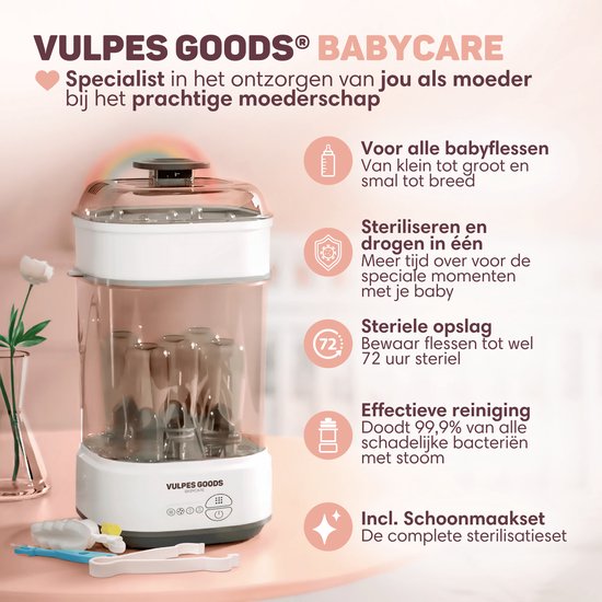Vulpes Goods® - Stérilisateur de biberons - Fonction 5 en 1 - Avec fonction séchage et mode maintien au chaud - Pour biberons et tire-laits - Sans BPA - Plastique et blanc