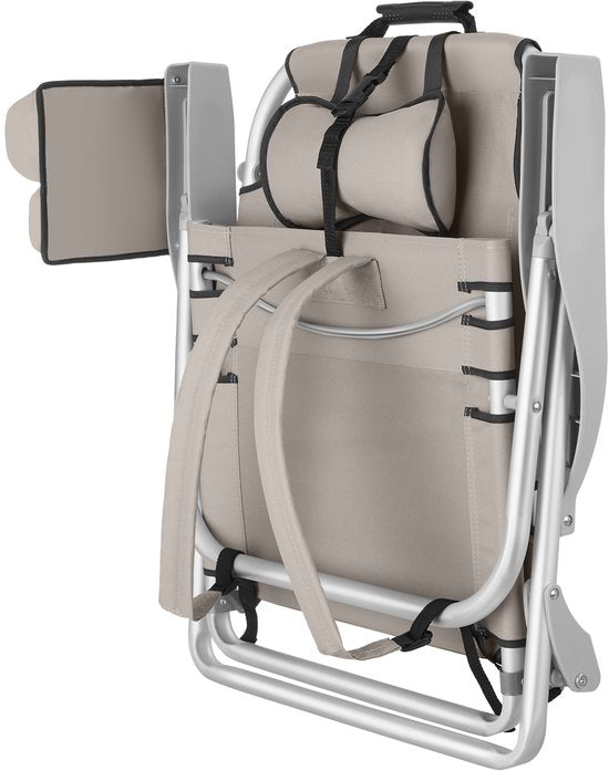 tectake® Beach Chair Coral - Chaise de camping pliable avec sac isotherme et sac de rangement - Dossier réglable en 5 sens avec coussin de tête - Accoudoirs larges avec porte-gobelet / porte-téléphone - Chaise de camping pliable - Beige