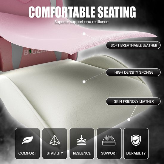 Fauteuil gaming Bigzzia - Fauteuil de bureau ergonomique en cuir PU - Réglable en hauteur - Avec coussin lombaire et appui-tête - Fauteuil gaming confortable pour adultes - Filles et garçons
