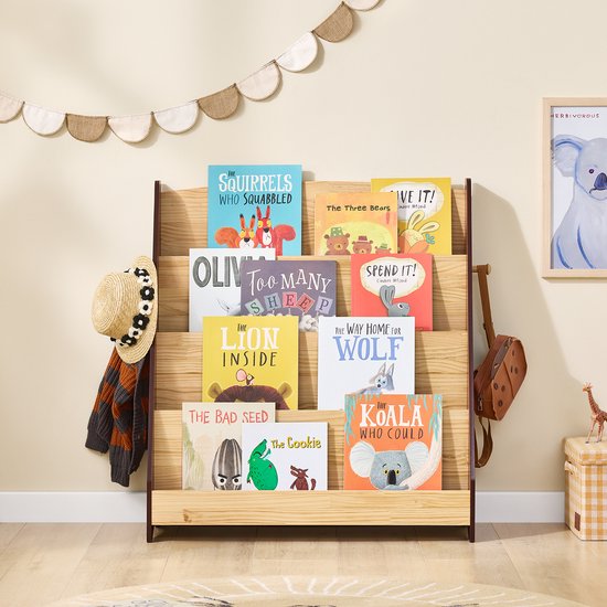 SoBuy KMB32-N Bibliothèque pour enfants, jouets, bibliothèque, 4 niveaux, avec 2 crochets, étagère à livres, meuble de rangement, chambre, bureau, salon, nature, 91 x 30 x 89 cm