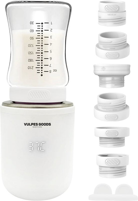 Vulpes Goods® BabyCare - Chauffe-biberon Pro Max- Chauffe-biberon portable pour les voyages - Chauffe-biberon intelligent - 4 niveaux de température - Sans fil - 6 adaptateurs inclus - Rechargeable par USB - 13 200 mAh - Blanc