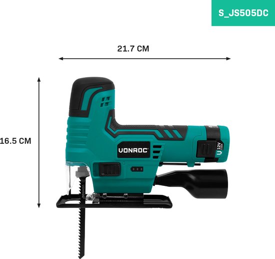 VONROC Accu Jigsaw 12V - Batterie, câble usb-c et lames de scie inclus
