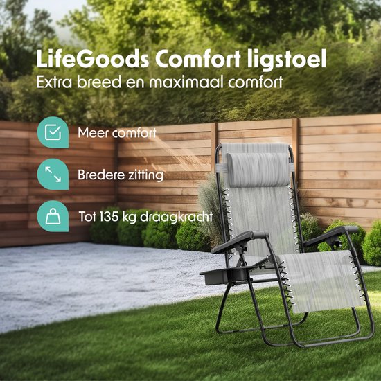 LifeGoods Fauteuil de jardin pliable - Chaise longue de jardin - 30°-90° réglable - Métal - Gris clair