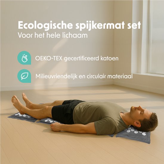 LifeGoods Acupressure Mat Eco - Set complet - oreiller / sac de transport / 2x Trigger Point Ball - Shakti mat - Nail Mat - 72x43x2cm - Gris/Blanc