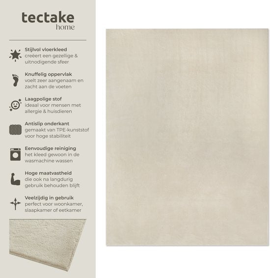 tectake® Tapis à poils courts -140 x 200 cm - Beige - Tapis pour le salon, la chambre à coucher, la salle à manger - Facile d'entretien et lavable - Sous-couche antidérapante - Antiallergique - Diverses tailles et couleurs